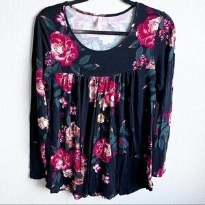 Floral Blouse Long Sleeve Black Floral Bright size Large